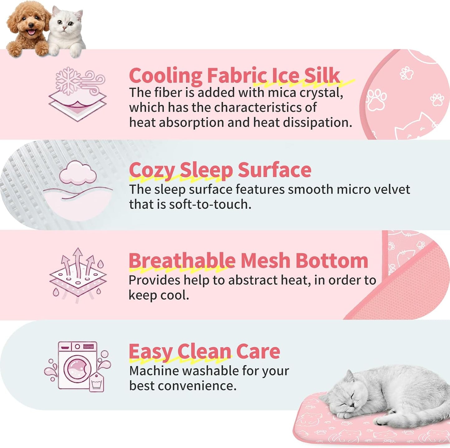 NWK Pet Cooling Mat -Q-Max>0.345 Ice Silk Cooling Mat for Dogs & Cats Portable & Washable Pet Cooling Blanket, Car Seats, Beds for Summer (Pink Cat, 27'' X 20'' X 0.3'')