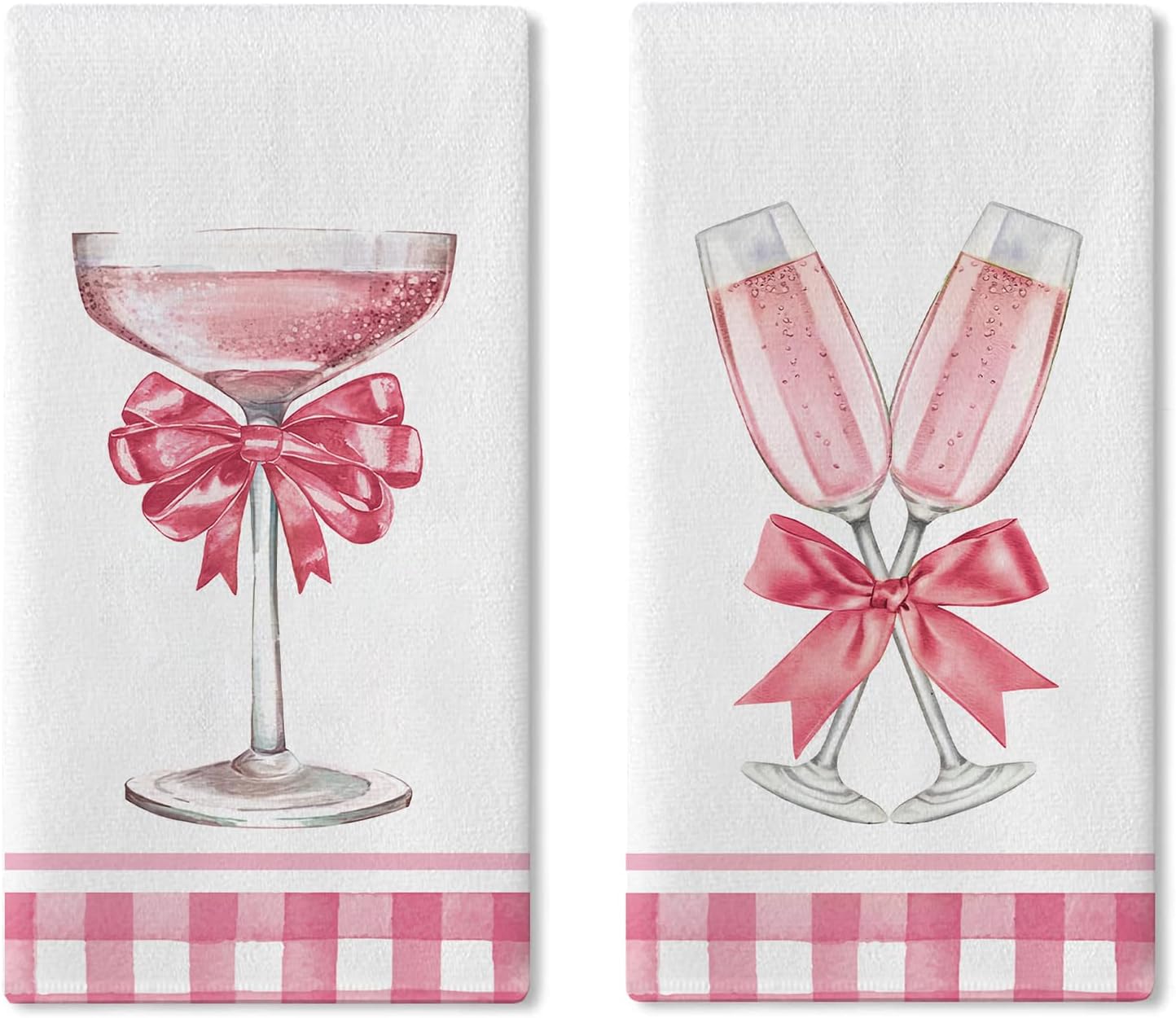 Pink Champagne Kitchen Dish Towels Set of 2, Romantic Coquette Bow Glass Girly Drying Hand Towel Baking Cooking Cloth, Plaid Farmhouse Bathroom Home Decoration Gift for Girl Women 18'' x 26''