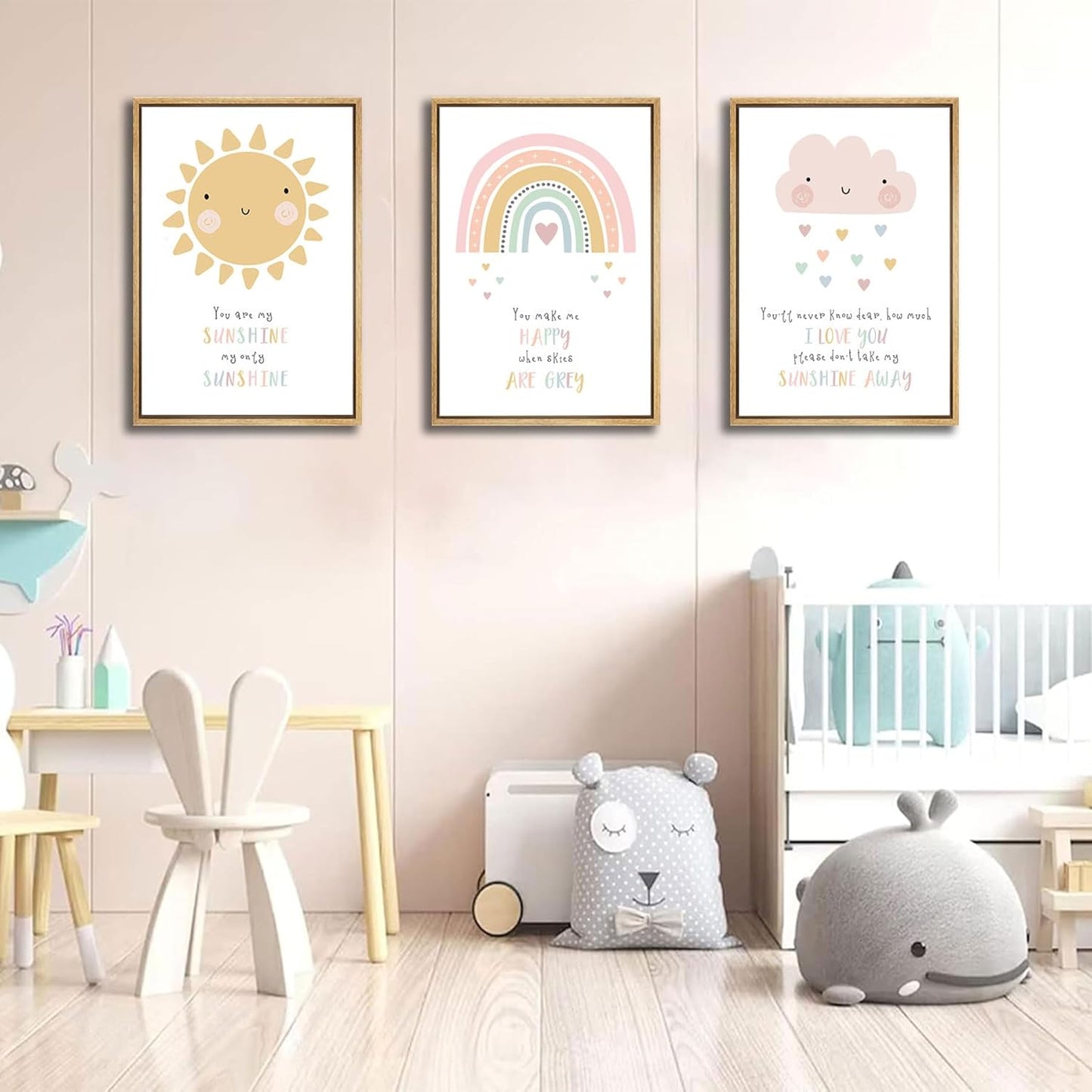 3pcs Pink Nursery Canvas Wall Art Cute Sun Rainbowdark Clouds Posters Prints Kids Bedroom Baby Girls Toddler Pastel Wall Decor Pictures for Classroom School Nursery Decoration Unframed