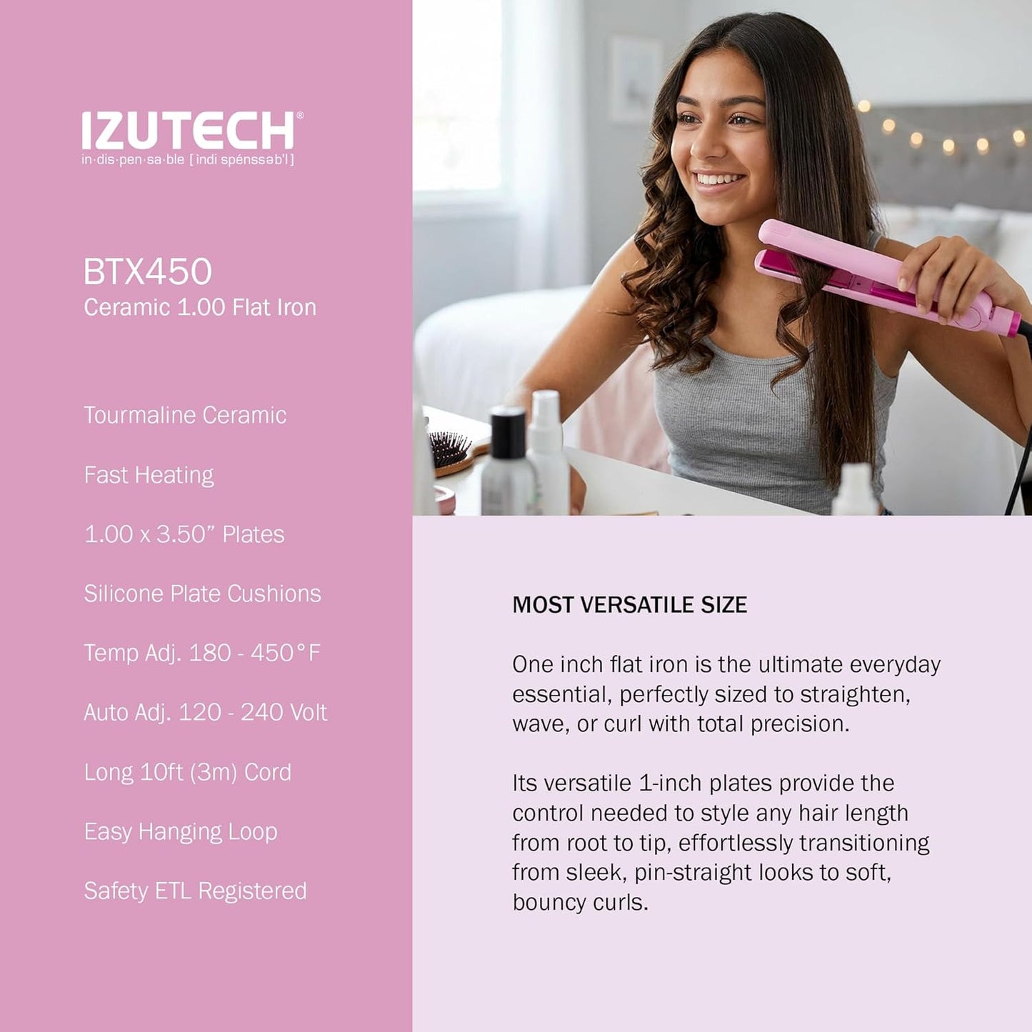 IZUTECH BTX450 1 Inch Tourmaline Ceramic Flat Iron Hair Straightener, Professional Salon Negative Ion Straightener with Adjustable Temperature for All Hair Types, Anti-Frizz High Shine, Pink