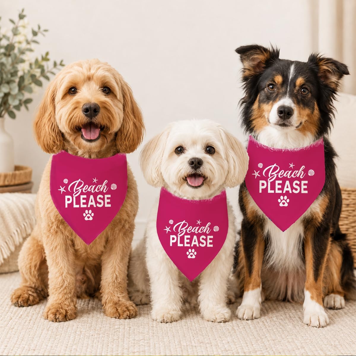 Beach Please Dog Bandana, Summer Pet Triangle Scarf for Beach Vacation Pool Party Photo Outfit, Hot Pink Neckerchief for Small Medium Dogs