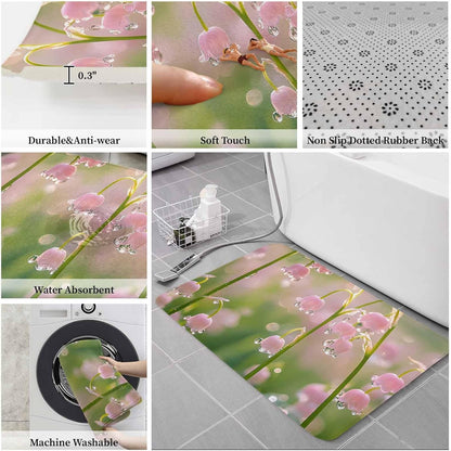 Bathroom Rugs and Mats Sets 3 Piece Pink Flower Bathroom Rugs Set Non Slip Water Absorbent Sunlight Dewdrop Scenery Shower Bath Mats U-Shape Contoured Toilet Mat Lid Cover 20"x31"+16"x18"+16"x20"