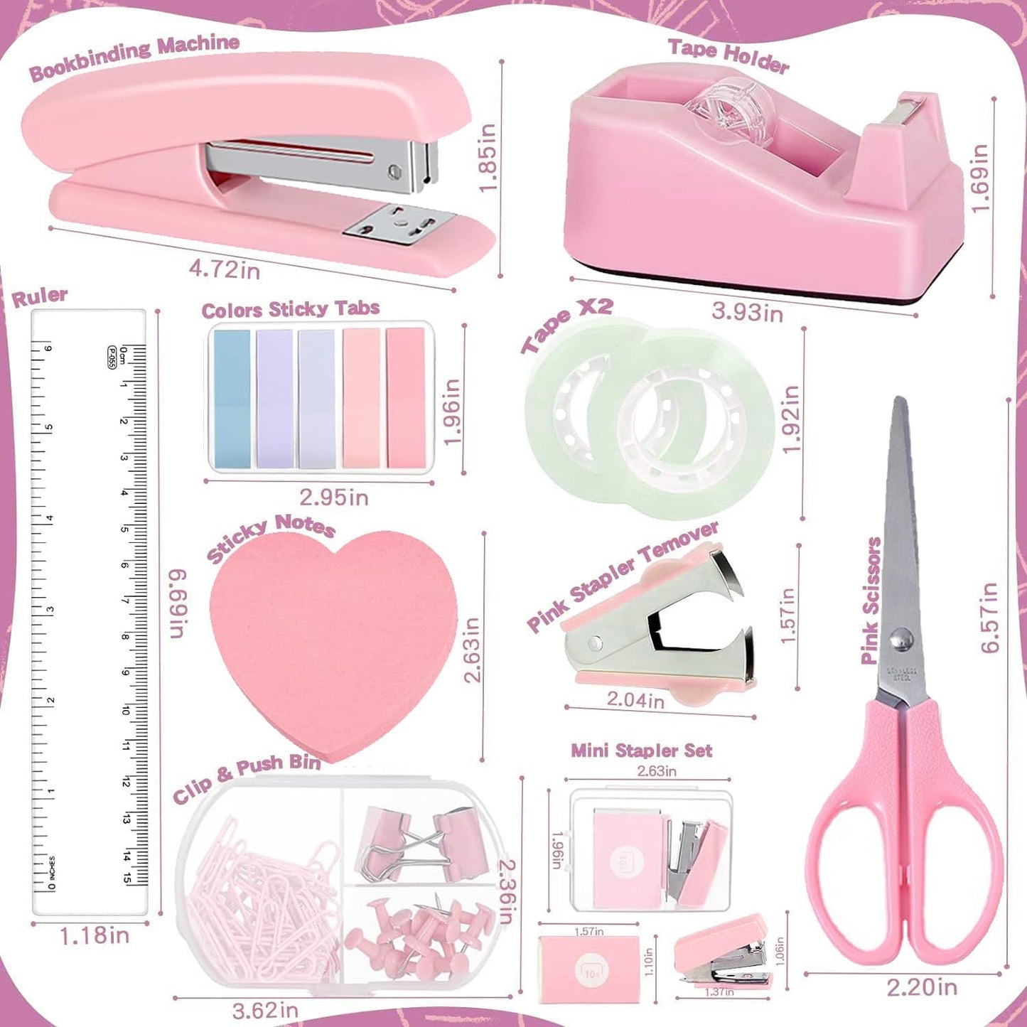 12 Pack Office Supply Kit,Pink Office Supplies Includes Stapler,Tape Dispenser,Staple Remover,Staples,Clips,Scissor,Staples,Clips,Scissor,Ruler and Tabs