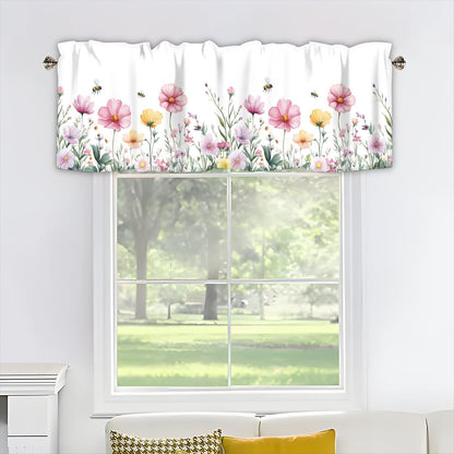 Spring Wildflowers Curtain Valance for Windows Bees Floral Pink Window Treatments 1 Panel Short Curtains for Kitchen Windows Bathroom Bedroom,42 x 12 Inch