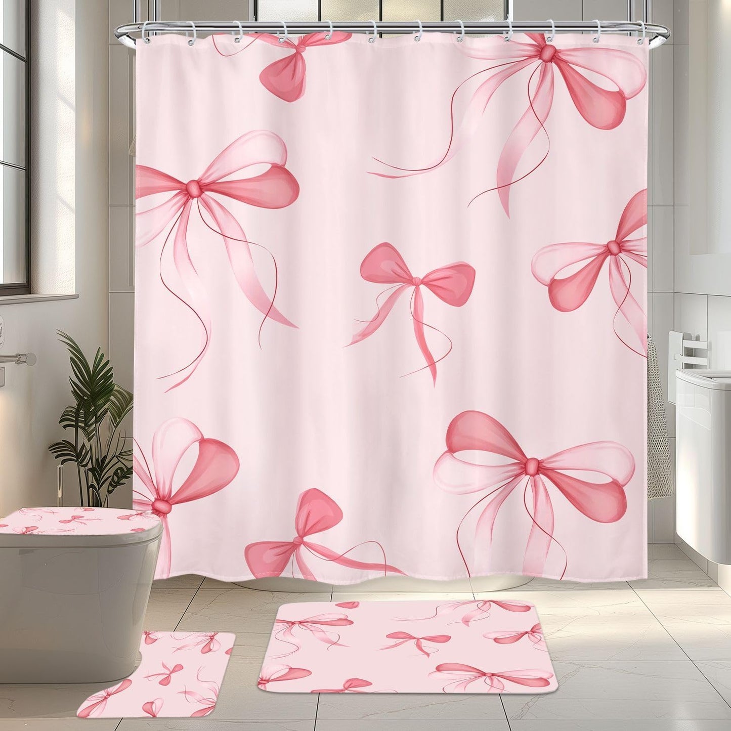 4 PCS Pink Bow Shower Curtain Set 72Wx72H,Toilet Lid Cover,Non-Slip Rugs and U-Shaped Mat,Cute Girly Pink Bathroom Sets with Rugs Shower Accessories 12 Hooks for Bathroom Decor