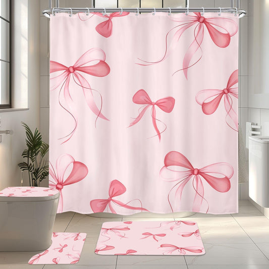 4 PCS Pink Bow Shower Curtain Set 72Wx72H,Toilet Lid Cover,Non-Slip Rugs and U-Shaped Mat,Cute Girly Pink Bathroom Sets with Rugs Shower Accessories 12 Hooks for Bathroom Decor