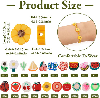 200pcs Polymer Clay Beads Fruit Flower Slice Heishi Beads for Jewelry Making Assorted Apple Peach Dasiy Handmade Spacer Loose Bulk for Spring Friendship Bracelets Keychain DIY