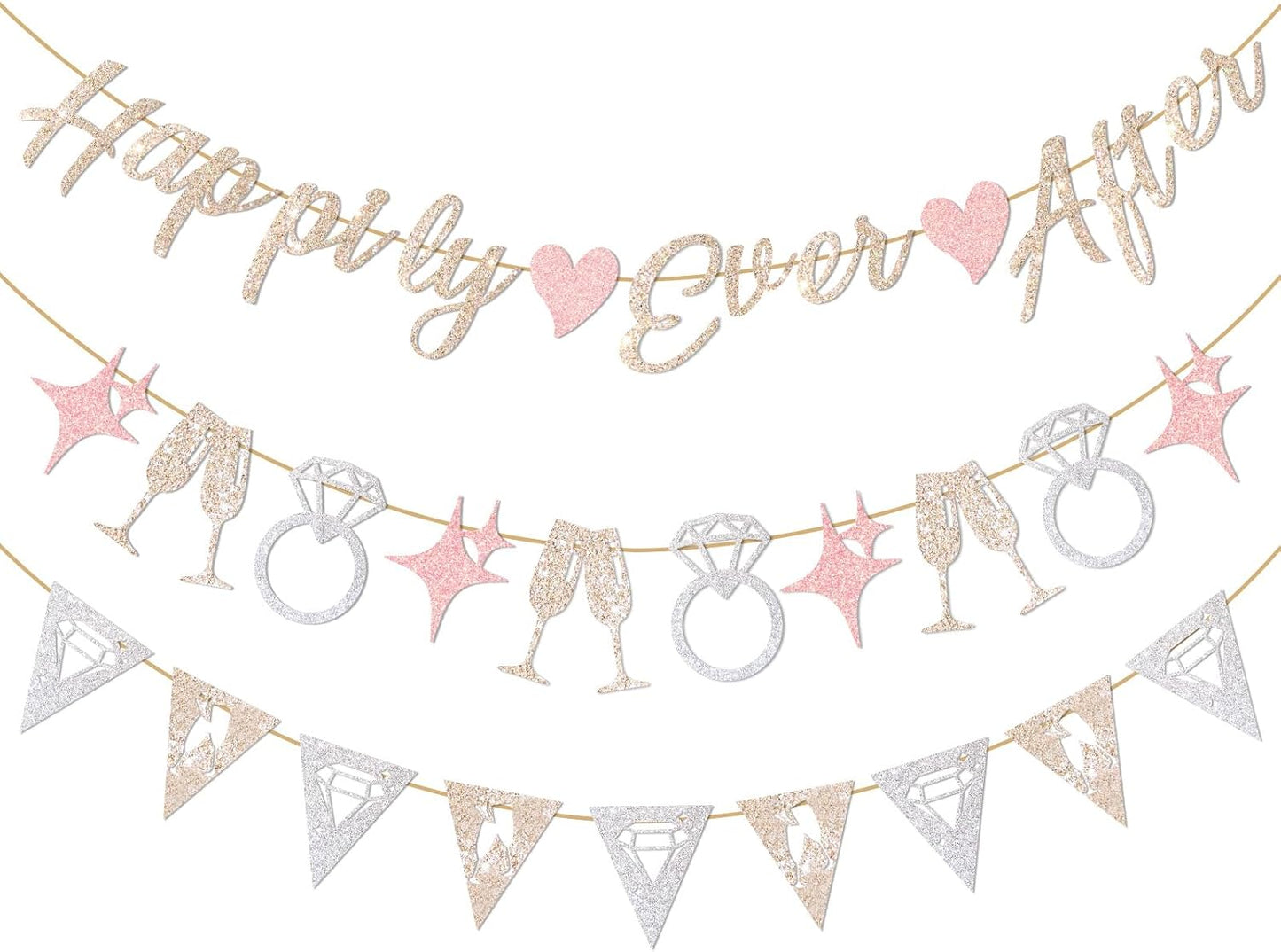 Hopecore Pre-Strung Happily Ever After Banner Set, Pink & Gold Glitter Wedding Bunting Decorations with Diamond Ring & Champagne Glass Cutouts for Bridal Shower, Engagement Party, Wedding Reception