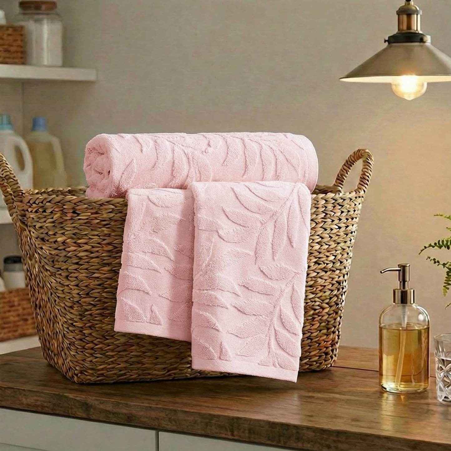 Artoid Mode 2 Pcs Pink 3D Leaves Jacquard Hand Towels for Bathroom, 100% Cotton Soft Absorbent Bathroom Decor Towels, 13.7 x 29.5 Inch
