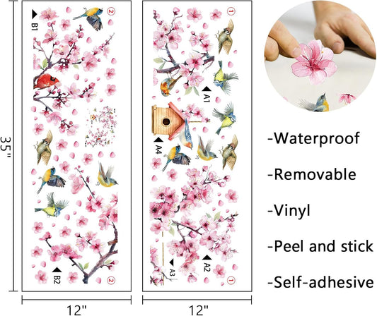 Mfault Watercolor Peach Blossom Flower Bird Wall Decals Stickers, Pink Floral Branches Cardinal Bluebird Chickadee Robin Decorations Bedroom Art, Spring Summer Birdhouse Home Living Room Kitchen Decor
