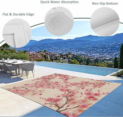 Outdoor Rug 6' x 9', Peaches Branches Large Area Rugs for Patio/RV/Deck/Porch, Farmhouse Spring Botanical Pink Flowers Water Absorption Camping Rug Carpet, Lightweight Washable Rug Runners