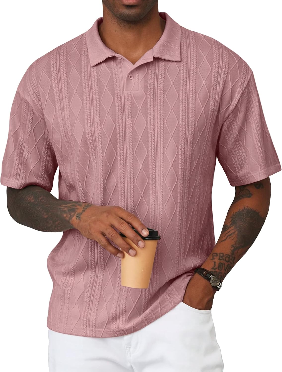 JMIERR Mens Polo Shirt Textured Knit Button Casual Short Sleeve Summer Vacation Beach Stretchy Golf Shirts