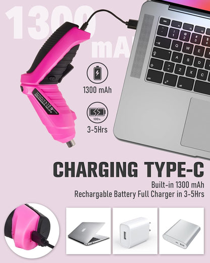 Durofort Pink Cordless Electric Screwdriver Set, 3.7V Rechargeable Small Electric Drill with 25pcs Driver Bit Set, Power 3Nm Screw Gun with 2 Position Handle, Flexible Shaft LED Light for Women
