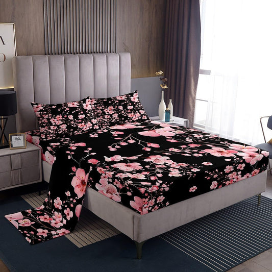 Cherry Blossom Flower Bed Sheets,Pink Watercolor Peach Blossom Decor Sheets Set for Kids Teens Adults,Japaneses Style Rustic Spring Bedding Set with Flat,Fitted Sheet,2 Pillowcases,Queen Size 4 Pcs