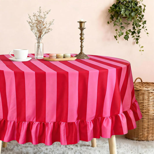 JarThenaAMCS Ruffle Tablecloth Boho Pink Red Striped Table Cloth Round Decorative Table Cover for Home Kitchen Baby Shower Party Wedding Decor, 70 Inch