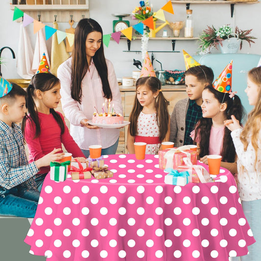 3 Pack Pink and White Polka Dots Round Tablecloth Pink Round Table Cover with White Polka Dot Plastic Table Cloth 84 in for Kitchen Dining Wedding Party
