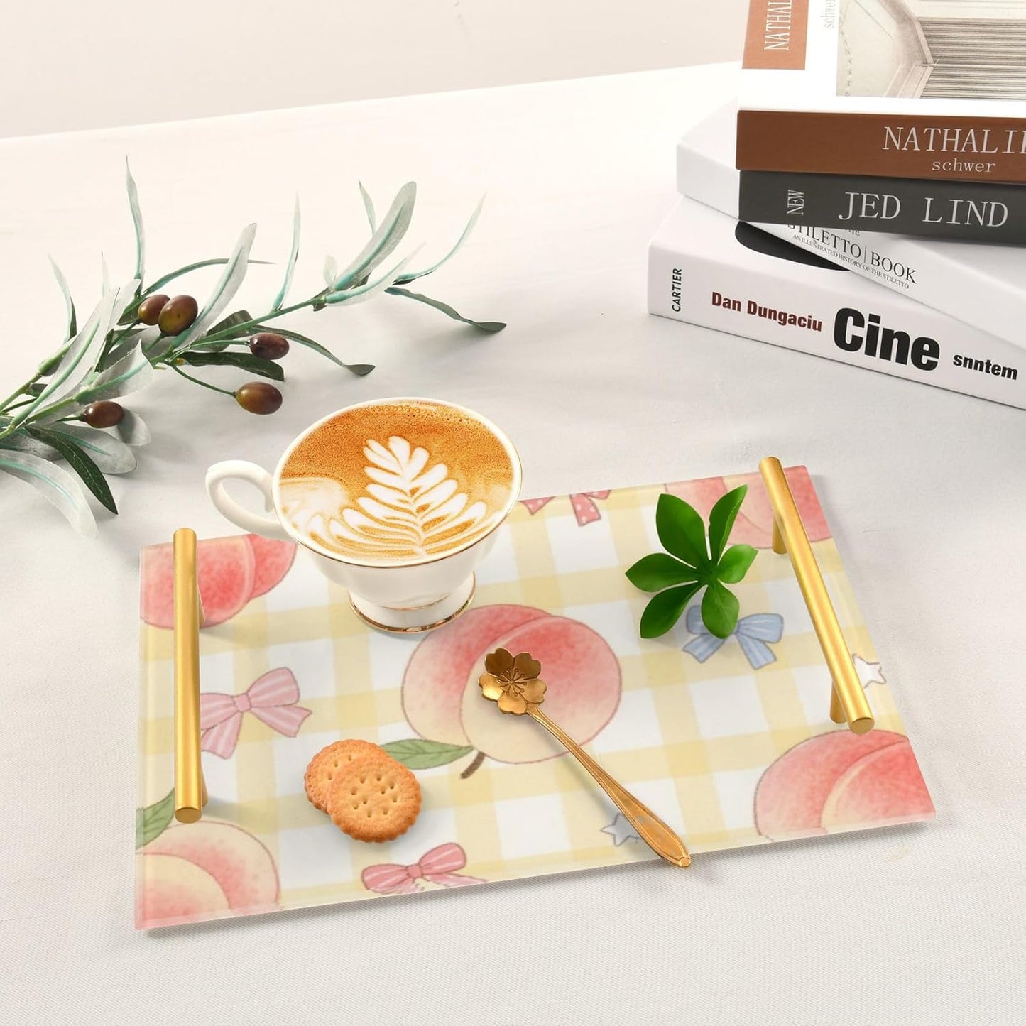 Cute Pink Peaches Decorative Service Tray with Handles Drink Serving Tray for Jewelry Perfume for Living Room Entryway Bedroom