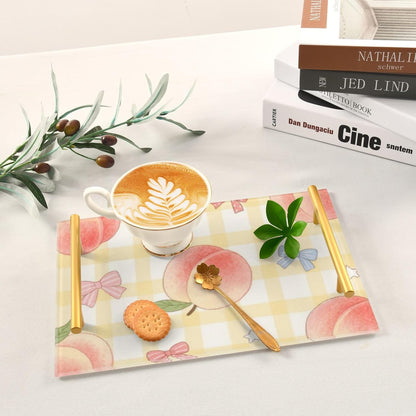 Cute Pink Peaches Decorative Service Tray with Handles Drink Serving Tray for Jewelry Perfume for Living Room Entryway Bedroom