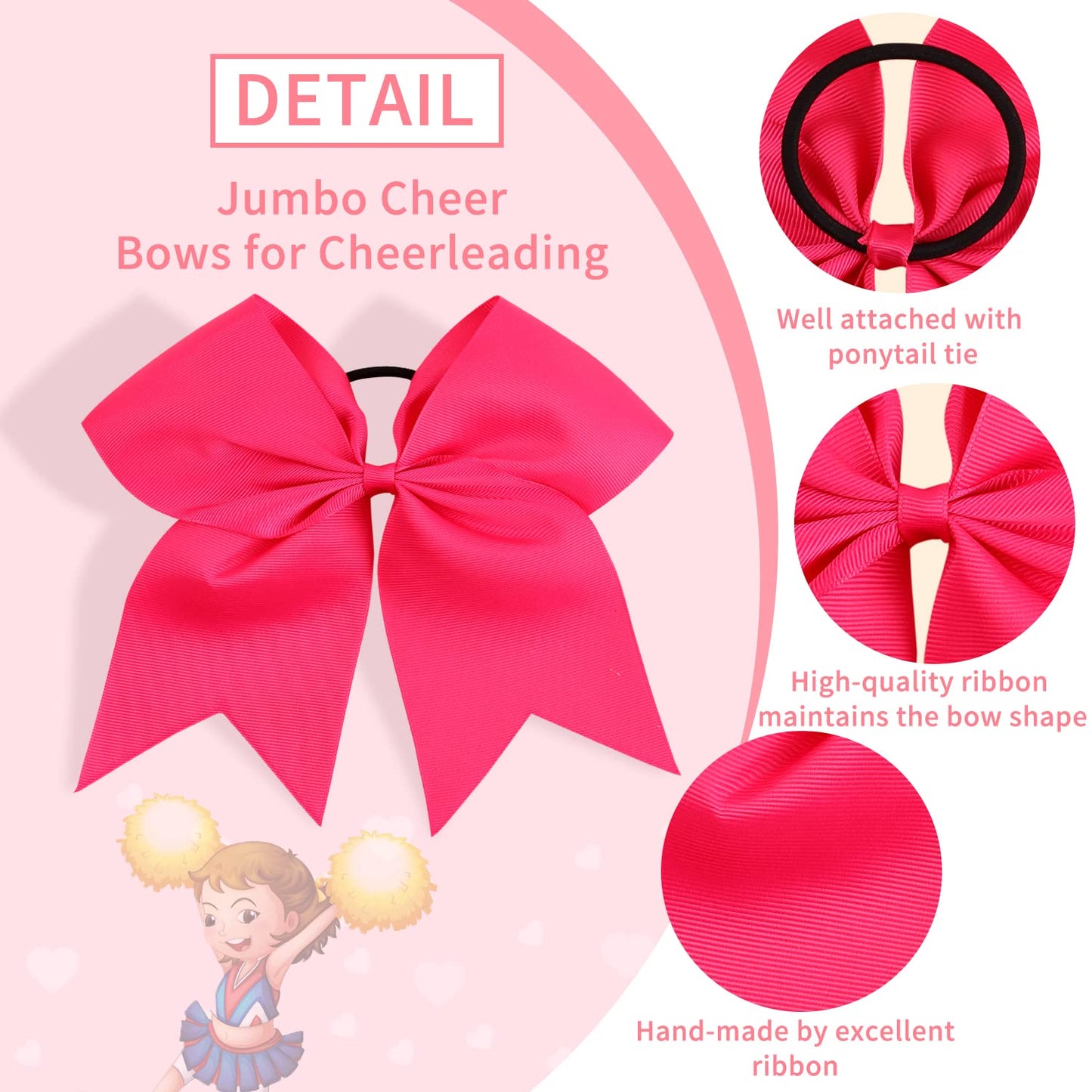 Oaoleer 21PCS 8" Large Cheer Bows Rose Pink Bows Jumbo Cheerleader Bow with Ponytail Holder Elastic Band Handmade for Cheerleading Teen Girls College Sports