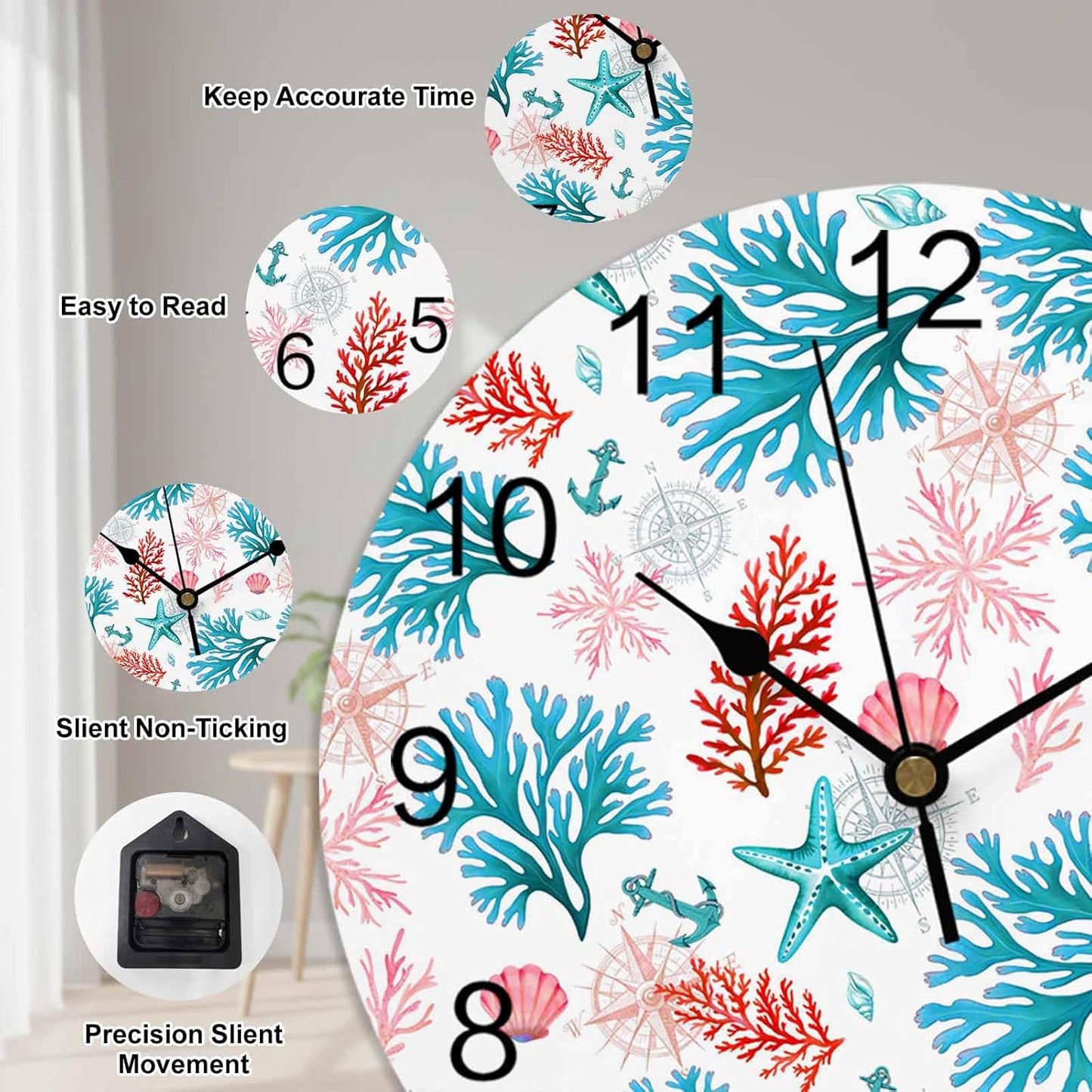 Wall Clock Ocean Coral Shell Clocks PVC Silent Non-Ticking Battery Operated Decorative Turquoise Pink Starfish Anchor Round Clock for Home Living Room Kitchen Bedroom Office School Wall Decor 10 Inch