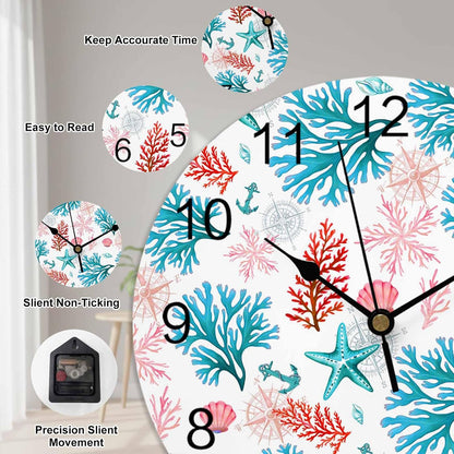 Wall Clock Ocean Coral Shell Clocks PVC Silent Non-Ticking Battery Operated Decorative Turquoise Pink Starfish Anchor Round Clock for Home Living Room Kitchen Bedroom Office School Wall Decor 10 Inch