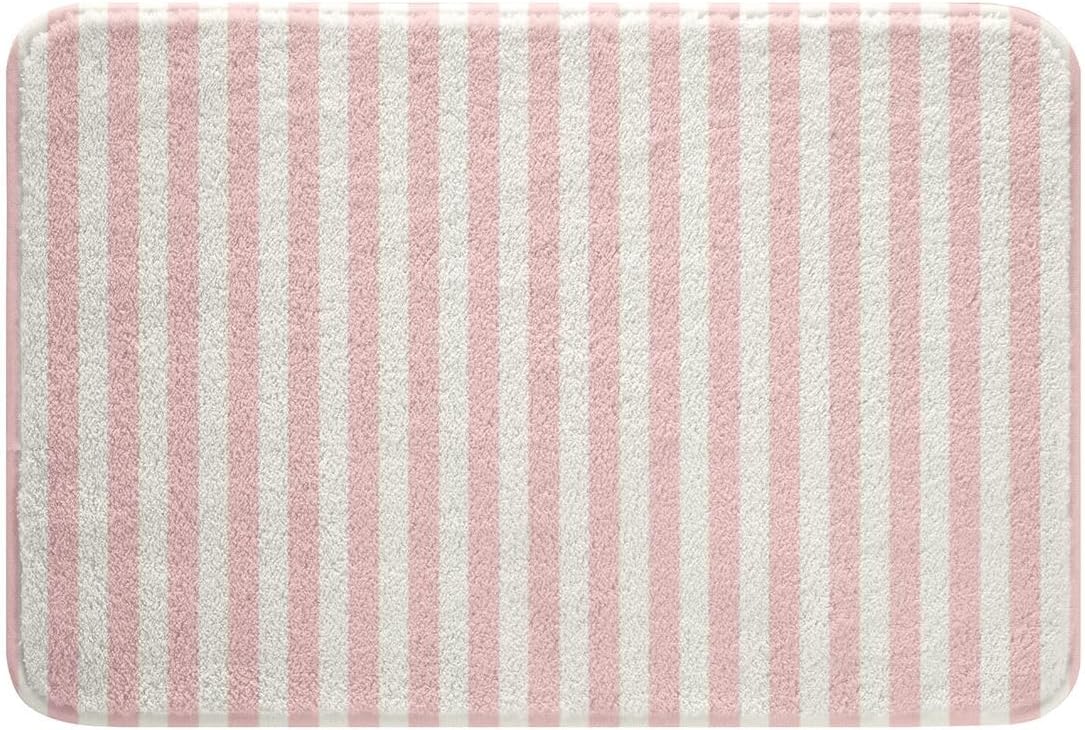 Homewish Pink White Striped Bathroom Rugs,Geometric Stripes Non Slip Bath Mat Coquette Sweet Bathroom Indoor Floor Mats,Modern Shaggy Absorbent Bathtub Decor Rug,20"x32"