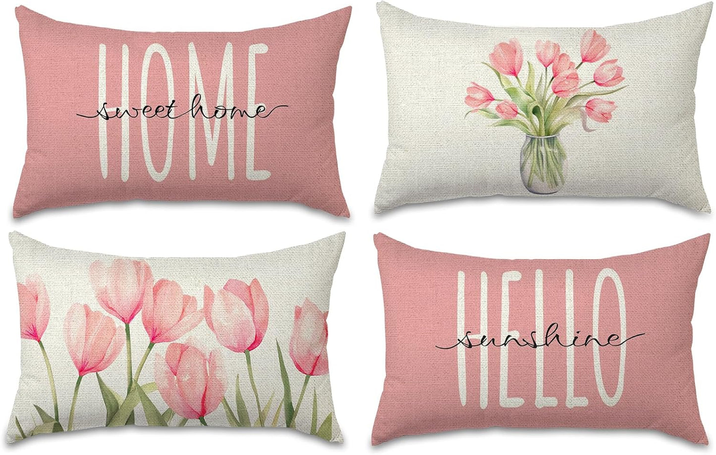 Pillow Covers 18x18 Set of 4 Tulip Home Sweet Home Pink Throw Pillows Decorative Pillow Cases Hello Summer Spring Seasonal Farmhouse Decorations for Sofa Couch
