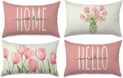 Pillow Covers 18x18 Set of 4 Tulip Home Sweet Home Pink Throw Pillows Decorative Pillow Cases Hello Summer Spring Seasonal Farmhouse Decorations for Sofa Couch