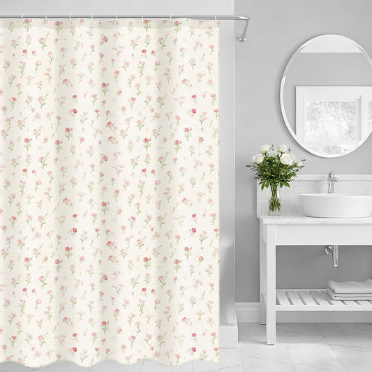 Boao Floral Shower Curtain, Linen Blend Farmhouse Cottagecore Boho Bathroom Curtain, Rustic Wildflower Summer water Resistant Heavy Duty with Hooks, 72" W x 72" L(Pink Flower)