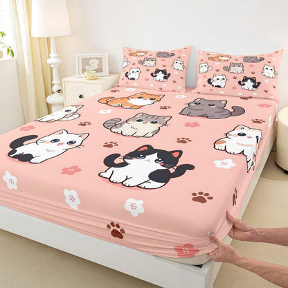 Homewish Cute Cat Bed Sheet Queen Size Kawaii Animals Paw Sheets for Kids Teens Adults Japanese Style Bedding Set with Flat,Fitted Sheet,2 Pillowcases Peach Pink