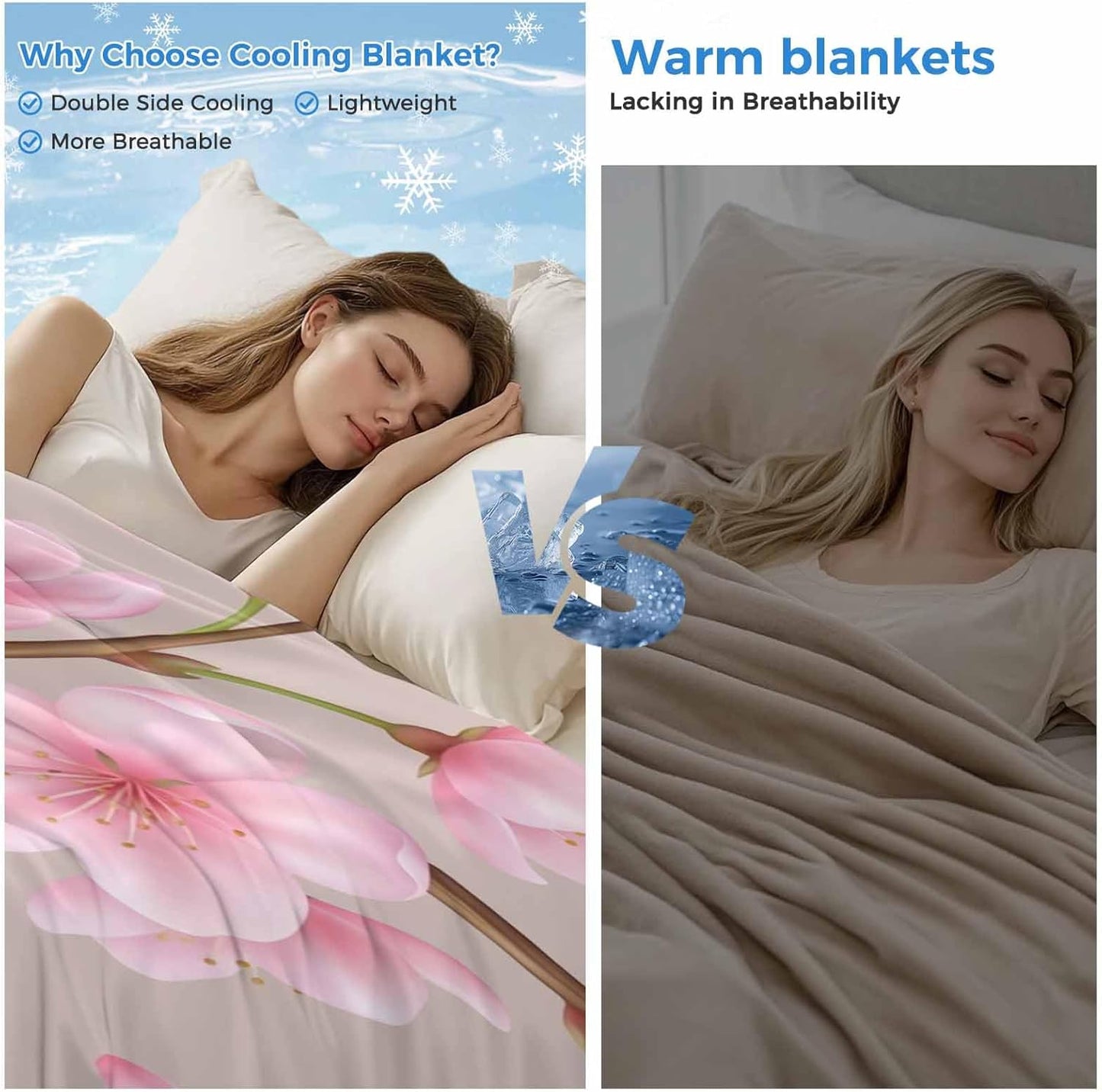 Cooling Blanket for Hot Sleepers, Pink Peach Flowers Lightweight Breathable Summer Blanket, Spring Botanical Watercolor Floral Brown Double-Side Cool Throw Blankets for Sleeping Travel, 30"x40"