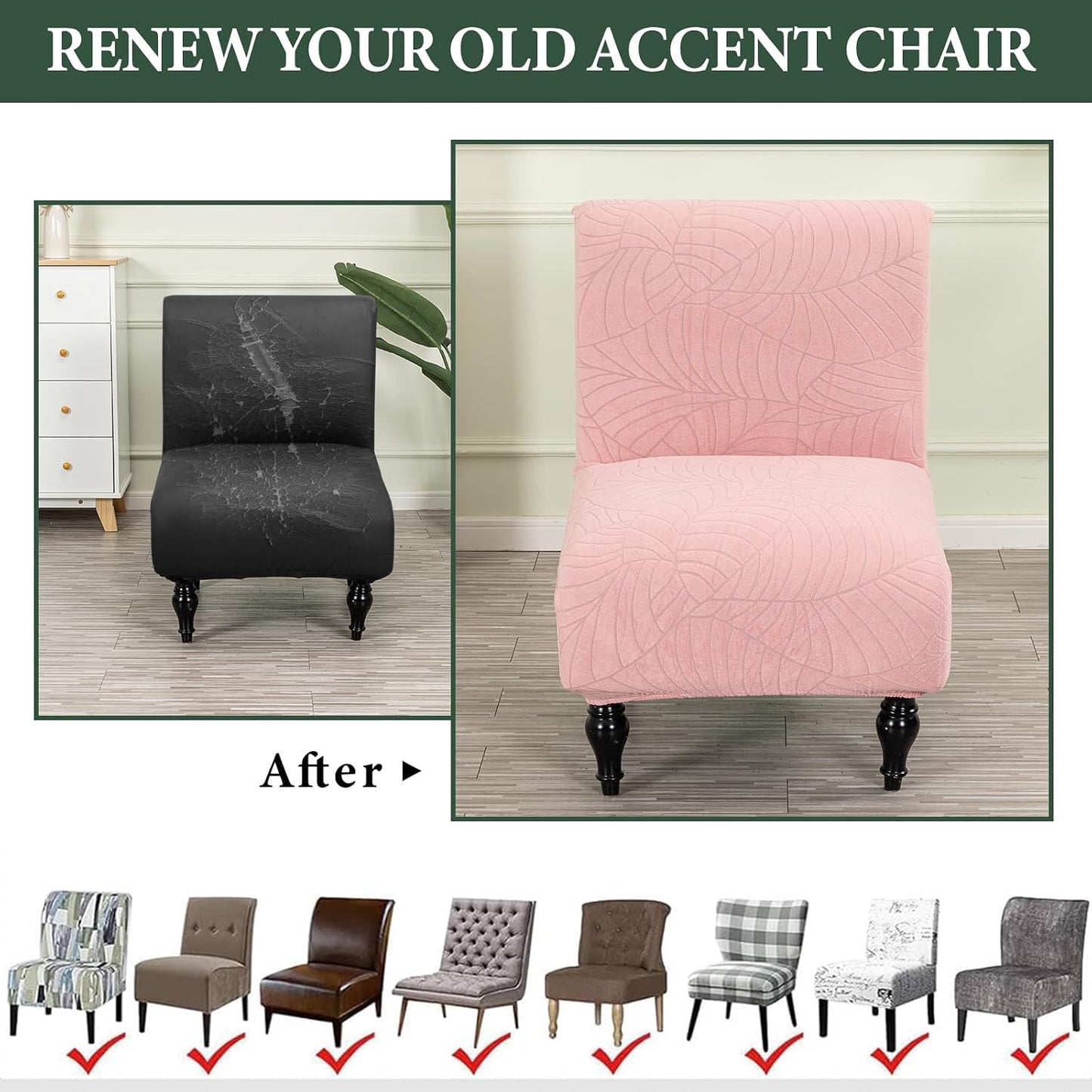 Armless Accent Chair Cover Stretch Leaf Jacquard Chair Covers for Living Room Armless Slipper Chair Slipcover Chair Furniture Protector Covers (Pink, 2PCS)