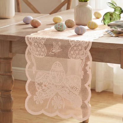 Artoid Mode Pink Lace Jacquard Egg Bowknot Easter Table Runner, Seasonal Kitchen Dining Table Decoration for Home Party Decor 13x72 Inch