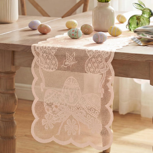 Artoid Mode Pink Lace Jacquard Egg Bowknot Easter Table Runner, Seasonal Kitchen Dining Table Decoration for Home Party Decor 13x72 Inch