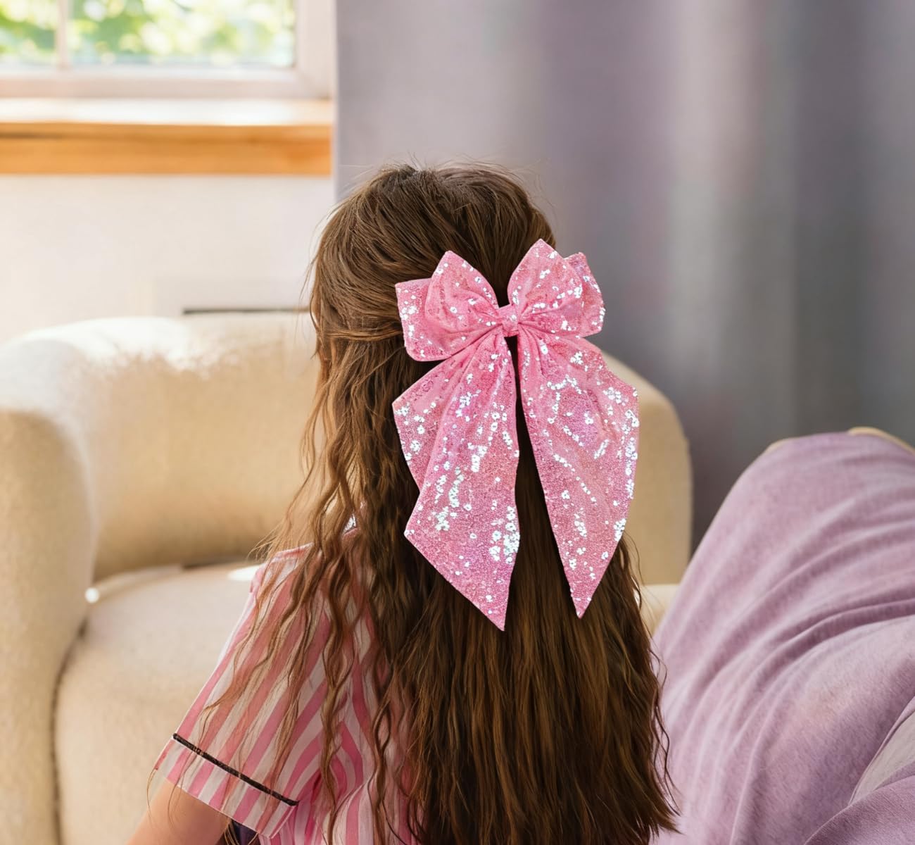 3 Pcs Sparkling Big Hair Bow Clips for Women Girls Large Cheer Bow Hair Accessories,Silver Pink Navy Hair Bow Clips