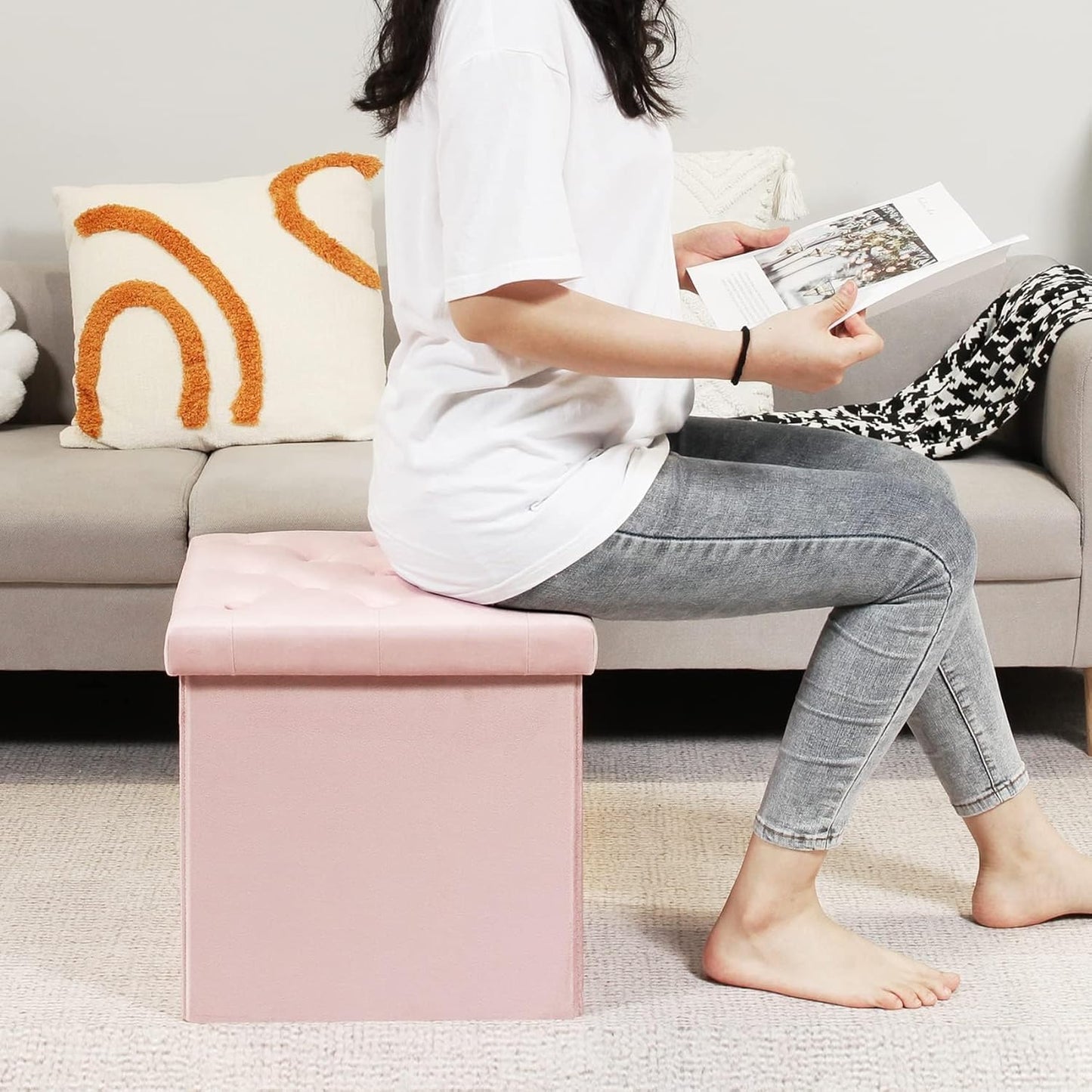B FSOBEIIALEO Storage Ottoman Cube, Velvet Tufted Folding Ottomans with Lid, Footstool Rest Padded Seat for Bedroom (Pink, Medium)
