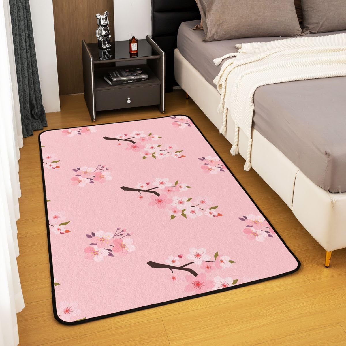 Erosebridal Floral Area Rug 6'6" x 4'11" Cherry Blossom Living Room Rugs Peach Blossoms Branches Hand Drawn Decorative Carpet Cute Girly Pink Flowers Indoor Floor Mat