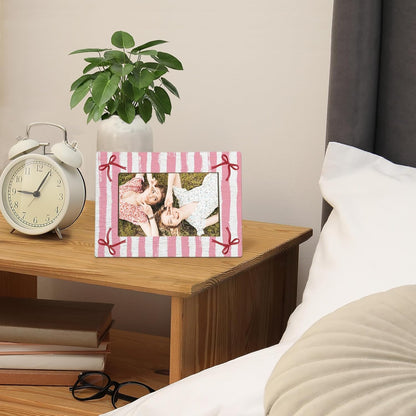Pink Striped Bow Picture Frame 4x6, Preppy Girly Photo Frame Birthday Gifts for Women Girls Besties, Besties Friends Picture Photo Frames for Girls Room Desk Decor