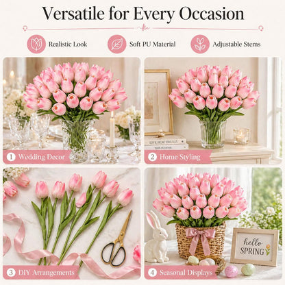 MACTING 30 PCS Artificial Tulip Flowers 13.7" Real Touch Fake PU Tulips Bouquet Faux Flowers for Floral Arrangements Table Centerpieces Kitchen Indoor Home Mothers Day Decorations,Peach Pink