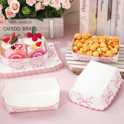 FYSUIMU 60 Pcs Pink Bow Paper Food Trays Watercolor Coquette Bowknot Food Boats Scalloped Disposable Serving Trays for Birthday Baby Shower Bachelorette Party Supplies