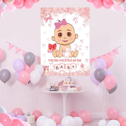 Pin The Pacifier On The Baby Party Games, Pink Baby Shower Decoration Bow Party Decorations with Large Poster 48 Pacifier Stickers Game for Baby Shower Party Bow Coquette Birthday Decorations