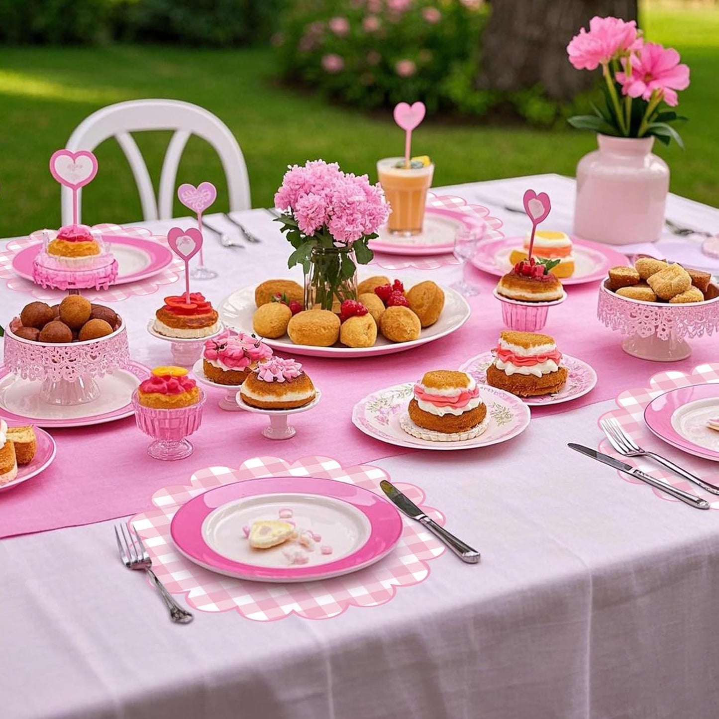 100 Pcs Checkered Paper Placemats Pink Gingham Place Mats 13.5 Inch Disposable Round Decorative Dining Table Mat with Scalloped Edge Paper Cutouts Decor for Picnic BBQ Table Party Supplies