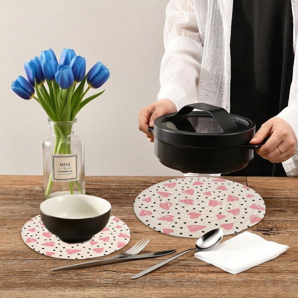 Cotton Trivets Mats Set of 2, Light Pink Heart Large Trivets Set for Hot Pots and Pans, Pot Holders Protector Kitchen Essentials for Cooking and Baking