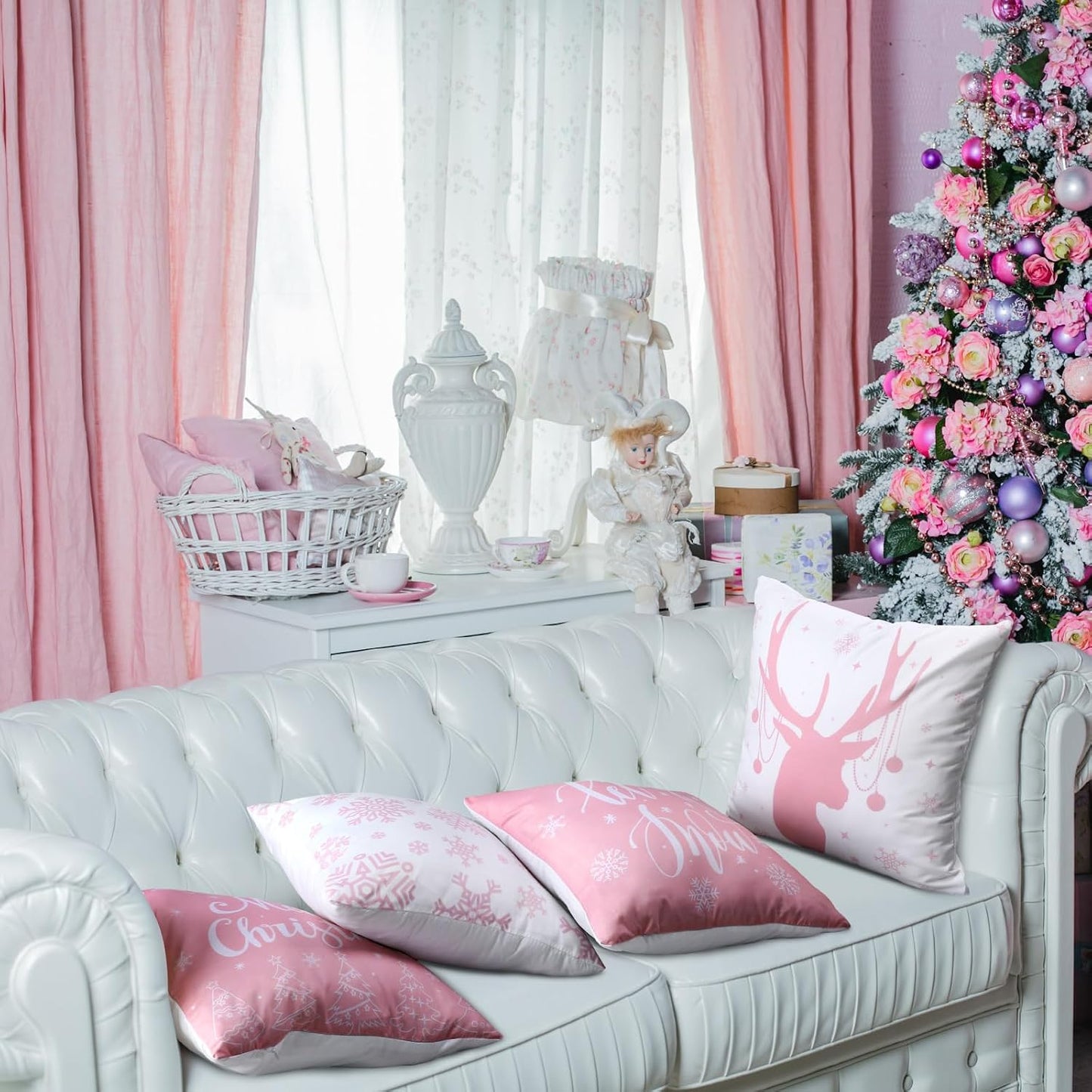 VitalCozy 6 Pcs 18 x 18 inch Christmas Throw Pillow Covers Xmas Cushion Covers Pillow Cases Snowflake Winter Throw Pillow Covers Christmas Decor for Bedroom Sofa Couch Cushion Square Home (Pink)