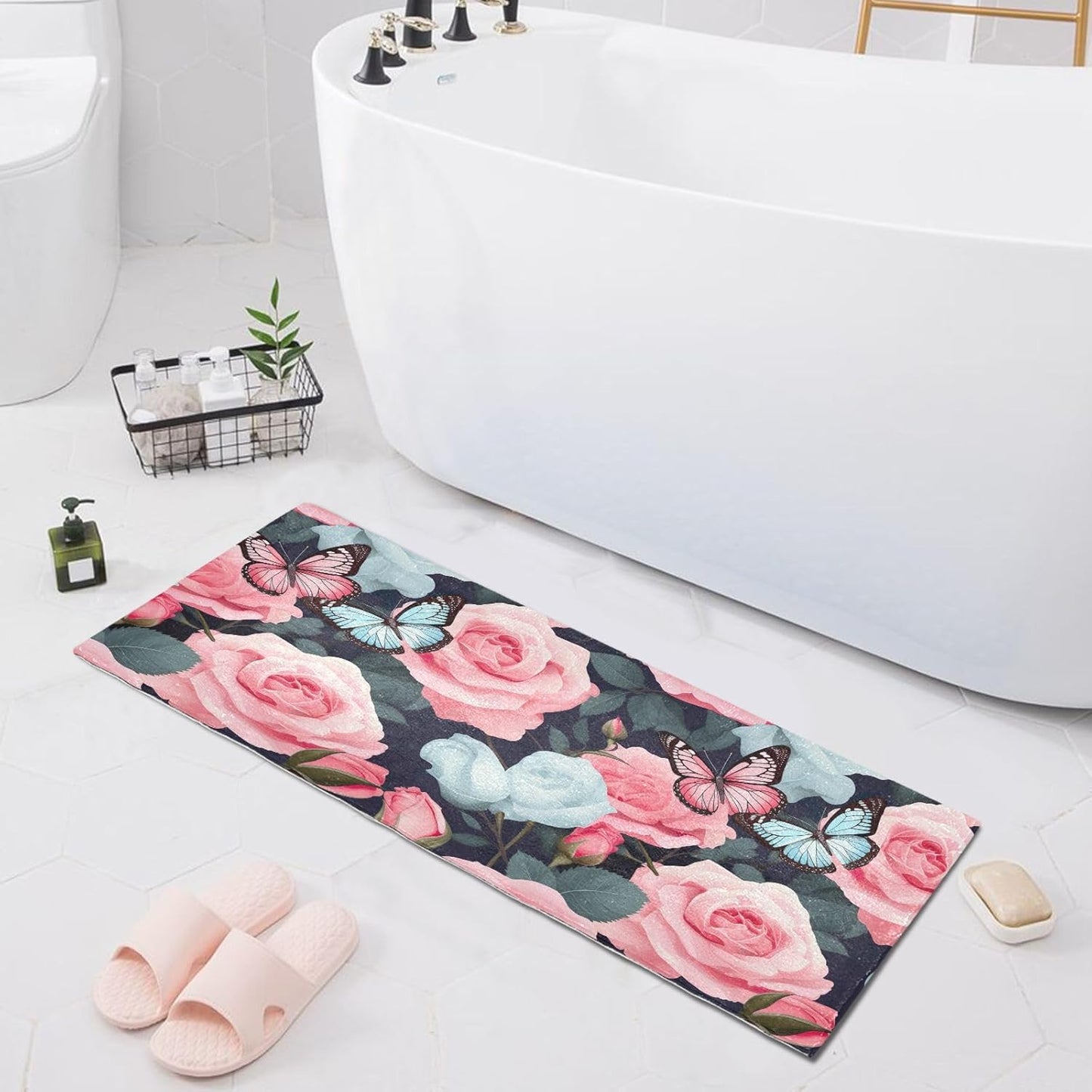 J JOYSAY Pink Rose Bathroom Rug Mat Ultra Soft Absorbent Bath Rug Carpet Non Slip Quick Dry Bath Mats for Kitchen Bedroom Living Room Bathroom Shower 39x20 inch