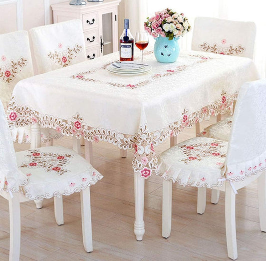 LeLehome 50" Square Flower Embroidered Classic Tablecloth, Rectangular Vintage Lace Pink Red Rose Table Cloth Dining Table Cover for Wedding Party Home Kitchen Decor