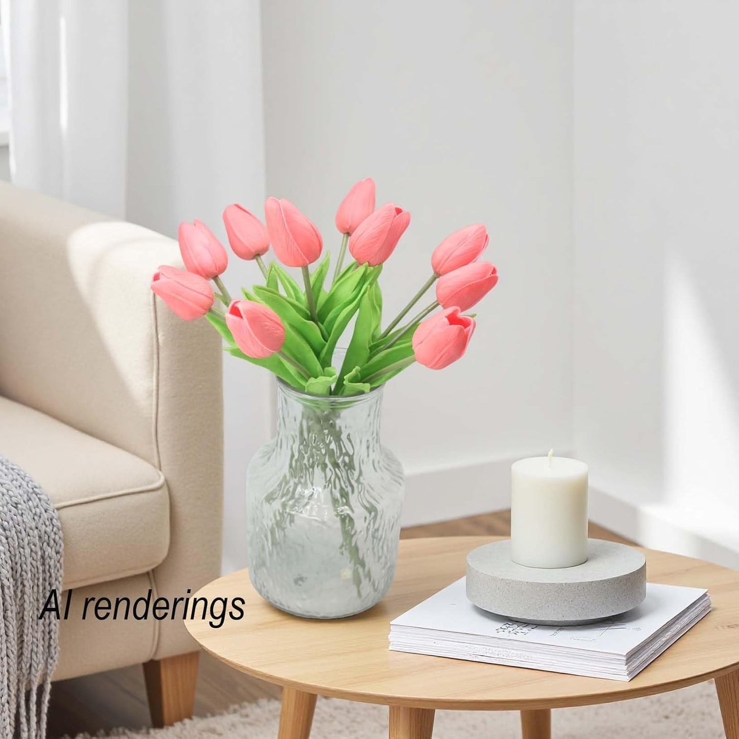 10-Heads Artificial Flowers PU Mini Real Touch Tulip Bouquets for Home Wedding Party Centerpiece Decoration (Coral)