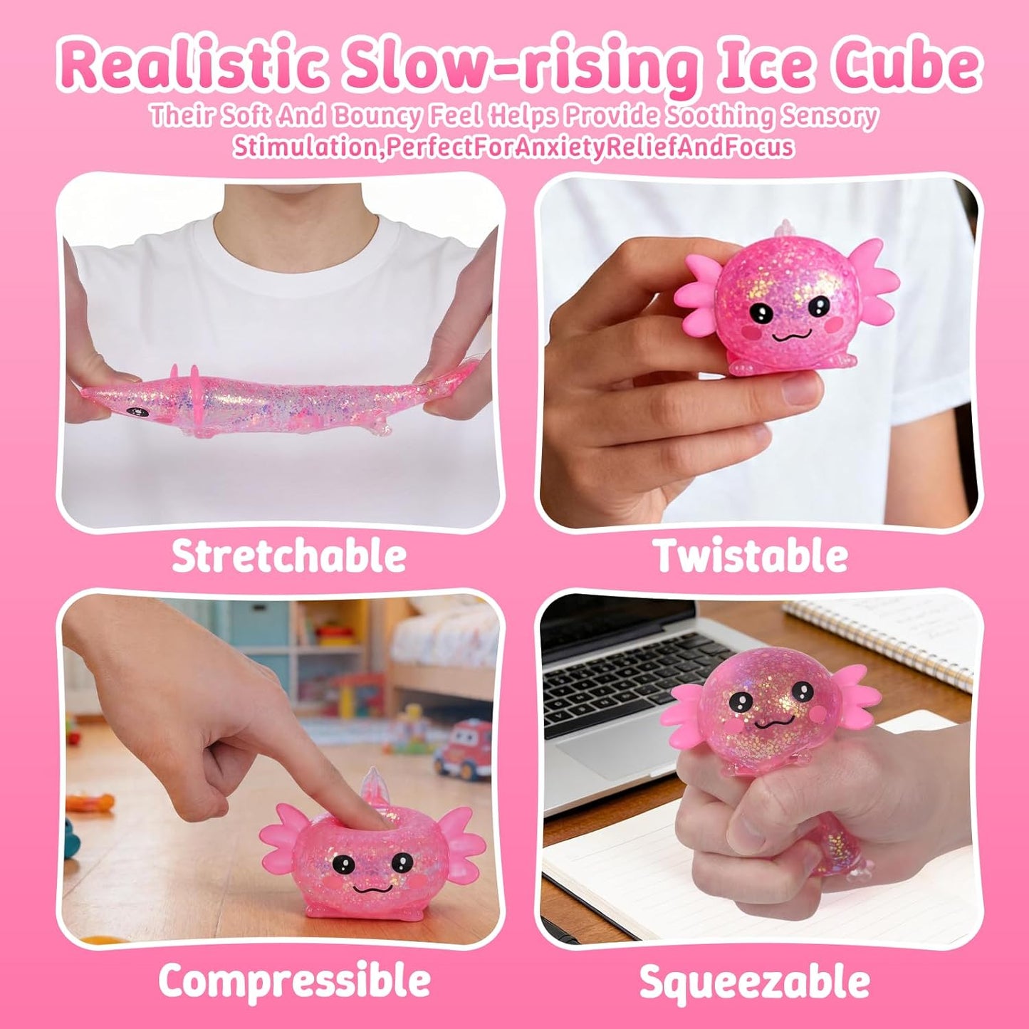 Axolotl Squishy Toy, Soft Slow Rising Sensory Fidget Toy, Cute Stretchy Axolotl Squeeze Toy, Stress Relief Desk Toy Gift for Kids 3+ and Adults(Pink)