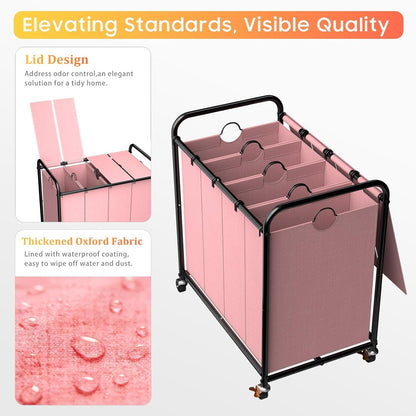 Laundry Sorter 4 Sections 48 Gal, Rolling Laundry Basket with Lockable Wheels and Lid, Laundry Hamper with 4 Separated Removable Bags Dirty Clothes Hamper for Laundry Room Organizer, Pink