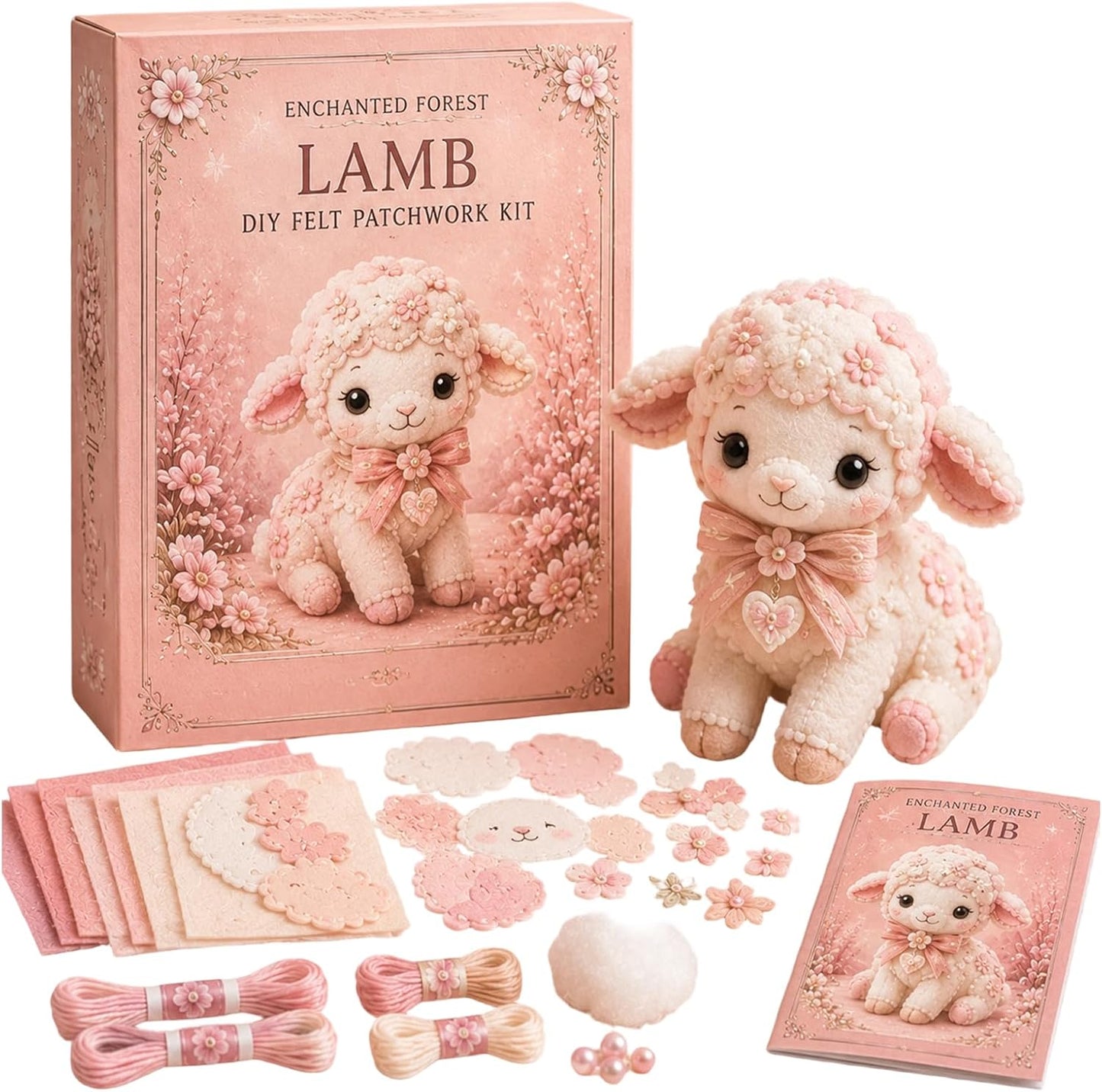 Pink Woodland Friends DIY Felt Patchwork Kit, Magic Forest Animals 3D Felt Sewing Kit DIY Creative Patchwork Art Craft for Beginner Crafters Home Decor Unique Handmade Gift，Blush Lamb